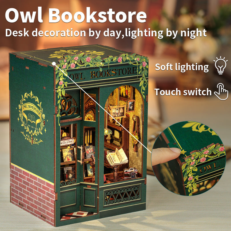 Cutebee Owl Bookstore DIY Book Nook Kit — angled close-up