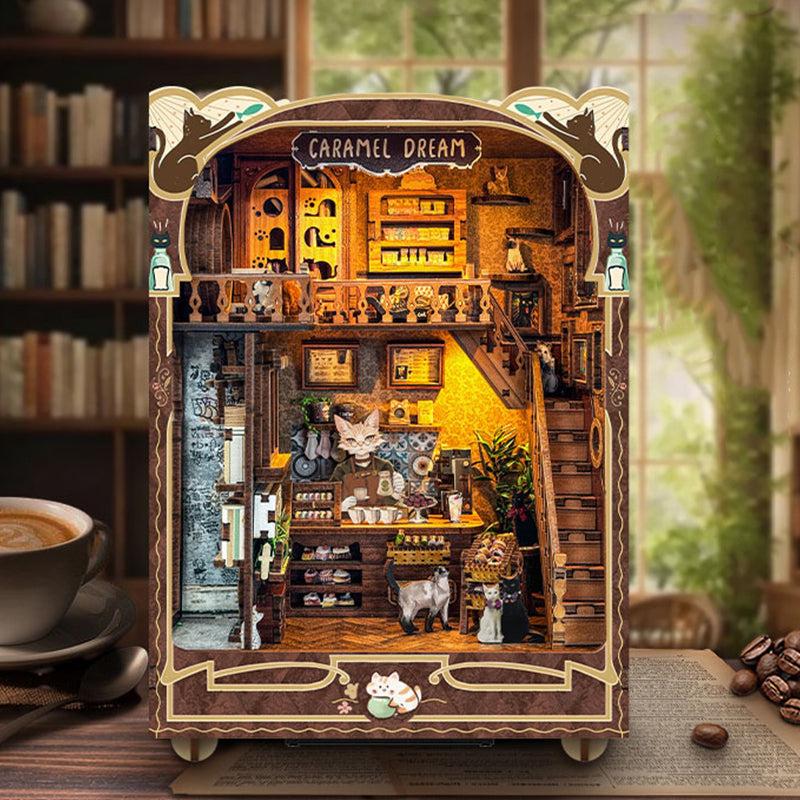 Caramel Dreams Cat Cafe DIY Book Nook Kit — box and pieces