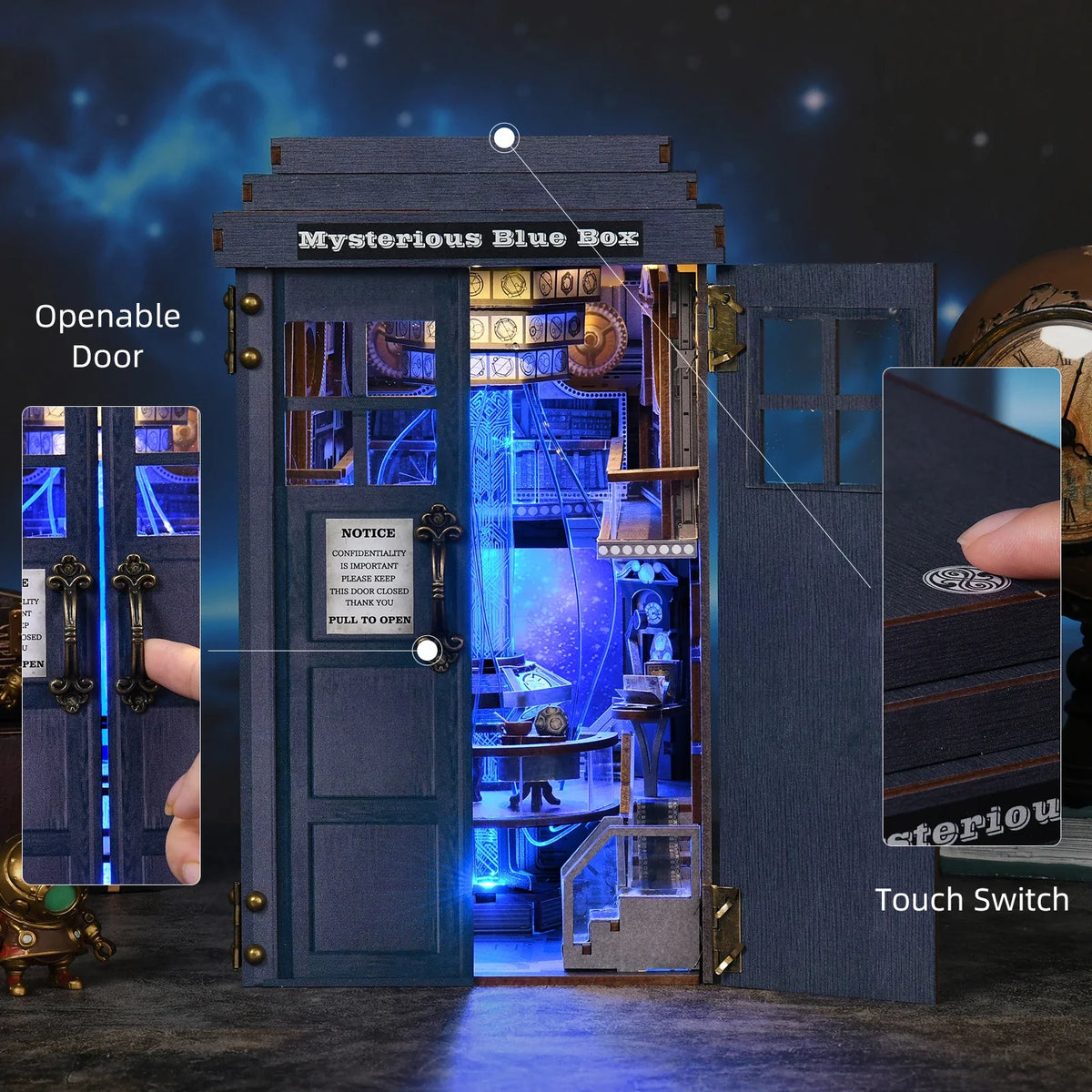 Mysterious Blue Box DIY Book Nook Kit — open display view