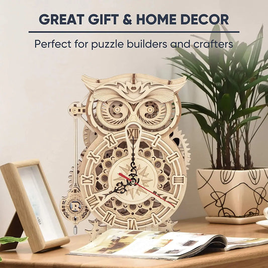 Robotime Rokr 3D Owl Desk Clock Kit LK503 – 161pcs DIY Wooden — detalied side view