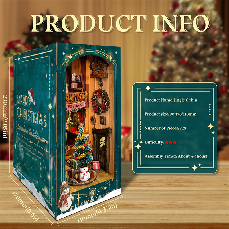 Jingle Cabin DIY Book Nook Kit — angled close-up