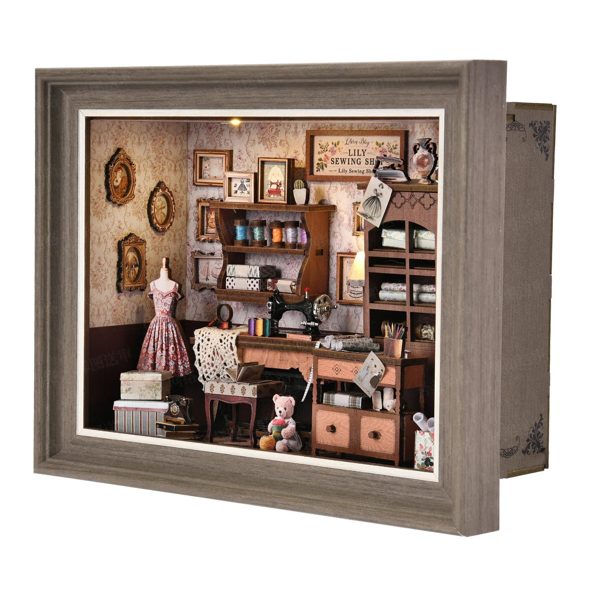 Lily Sewing Shop Miniature With LED Lights — open display view