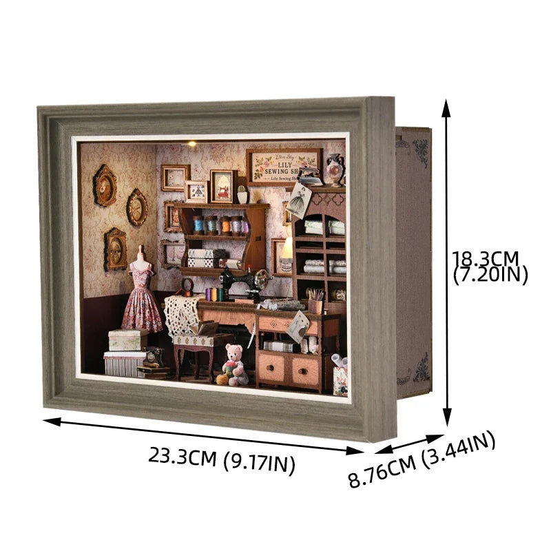 Lily Sewing Shop Miniature With LED Lights — box and pieces
