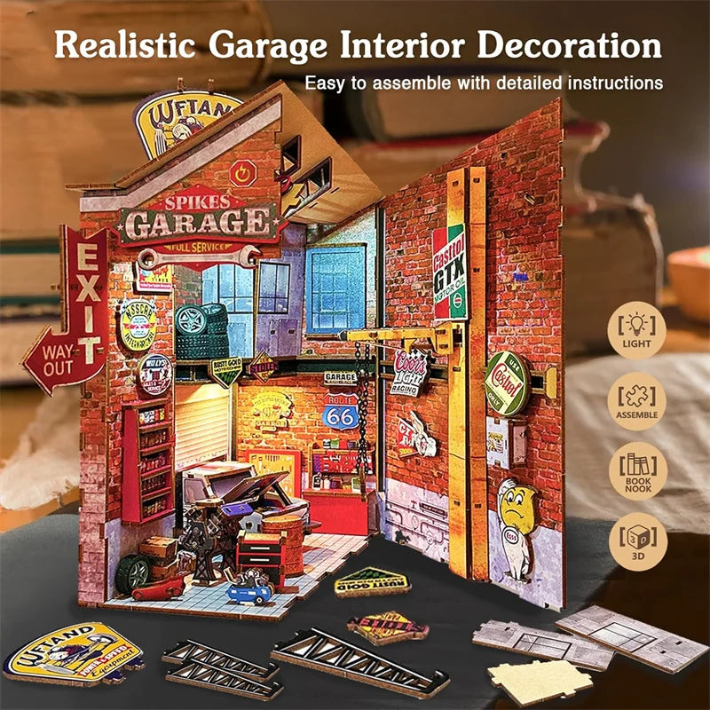 Mechanic Garage DIY Book Nook Kit — angled close-up