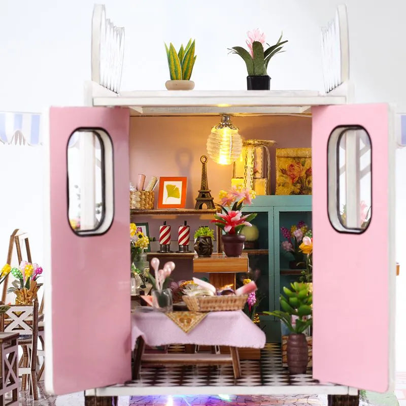 Meet Flower Car DIY Dollhouse Store Kit — open display view