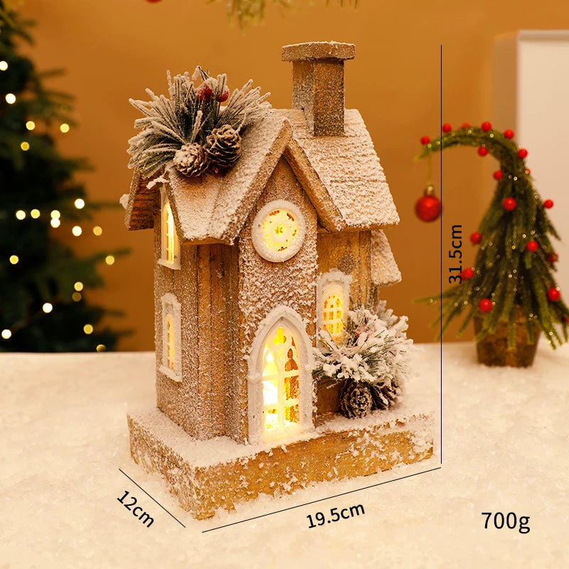 Nordic Vintage Wooden Christmas House with Warm LED Light - Rustic Snow Cabin Holiday Tabletop Decor & Gift
