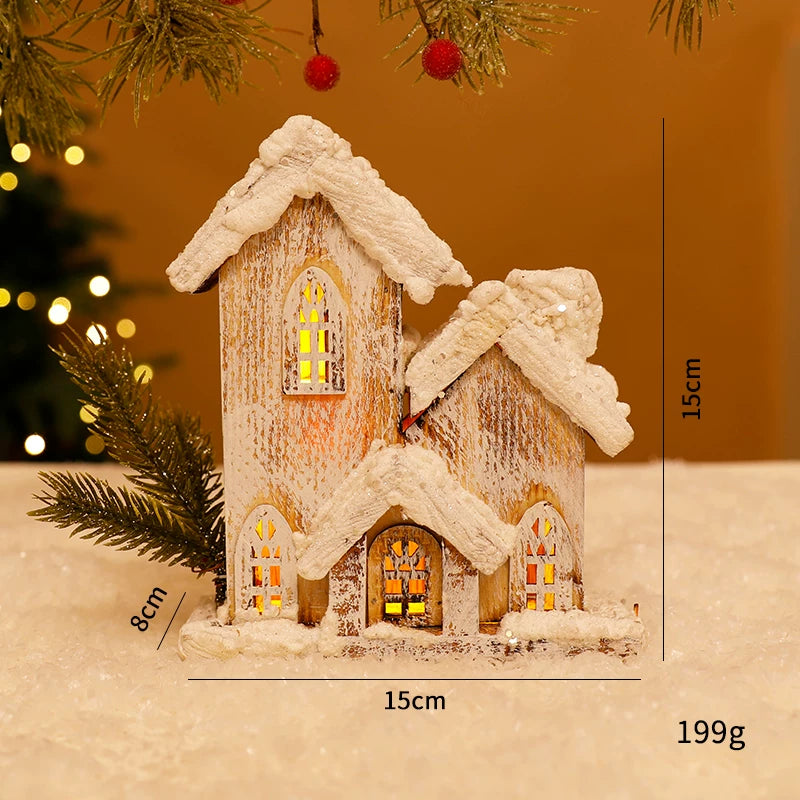 Nordic Vintage Wooden Christmas House with Warm LED Light - Rustic Snow Cabin Holiday Tabletop Decor & Gift