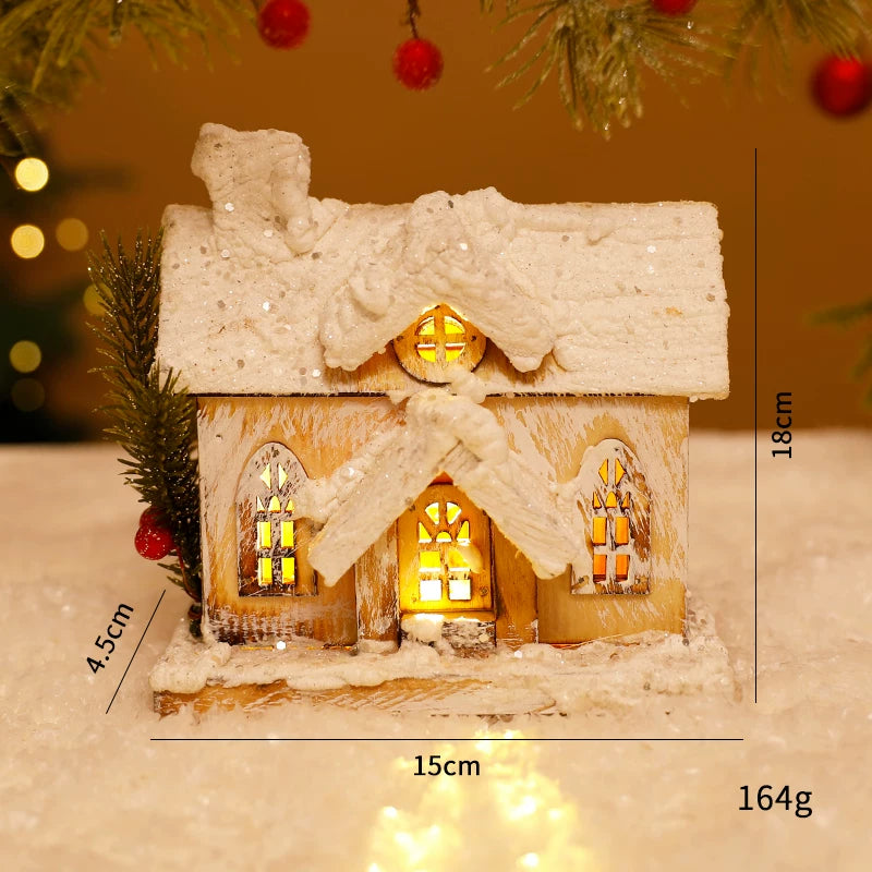 Nordic Vintage Wooden Christmas House with Warm LED Light - Rustic Snow Cabin Holiday Tabletop Decor & Gift