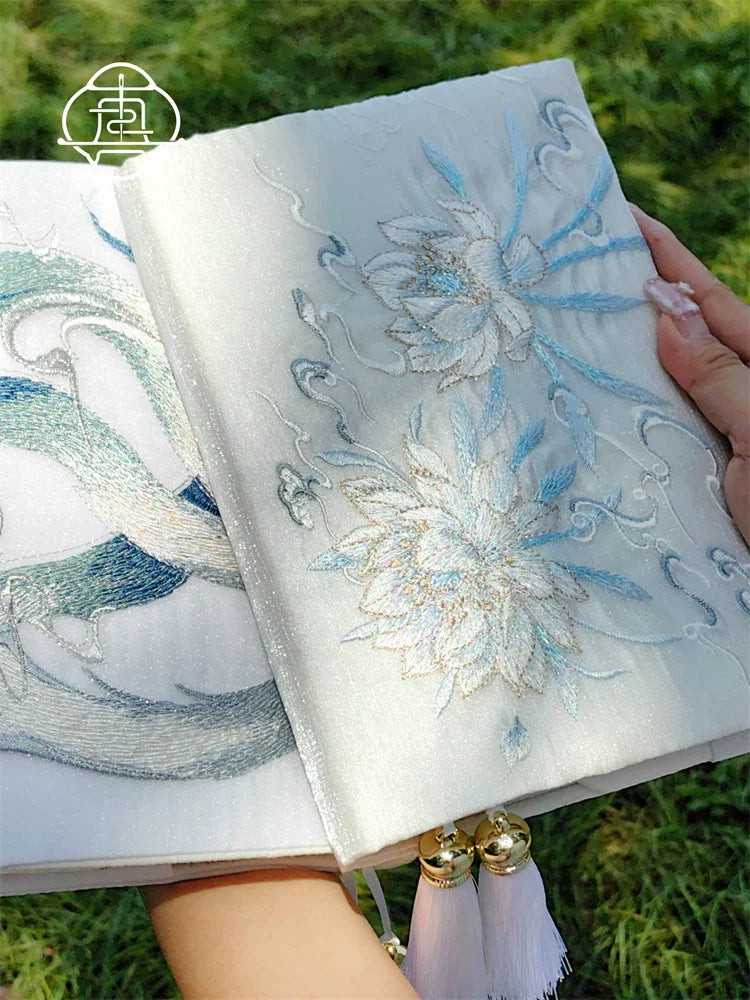 Handmade Embroidered Book Cover & Journal Set, Vintage Fabric Notebook Sleeve A5 A6 Diary