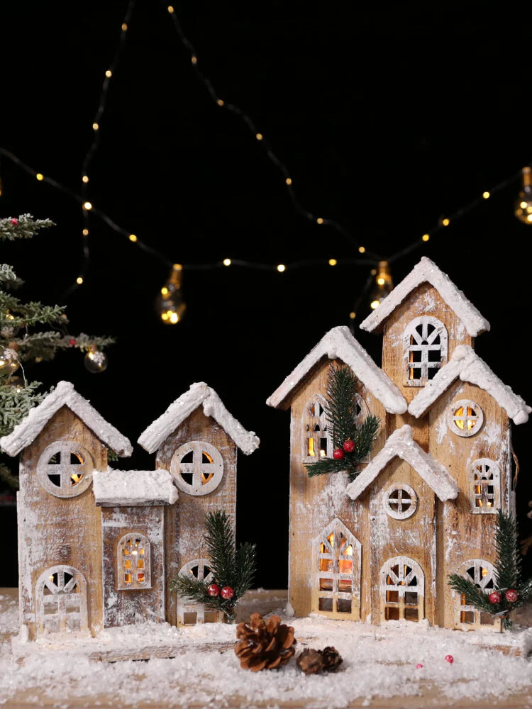 Nordic Vintage Wooden Christmas House with Warm LED Light - Rustic Snow Cabin Holiday Tabletop Decor & Gift