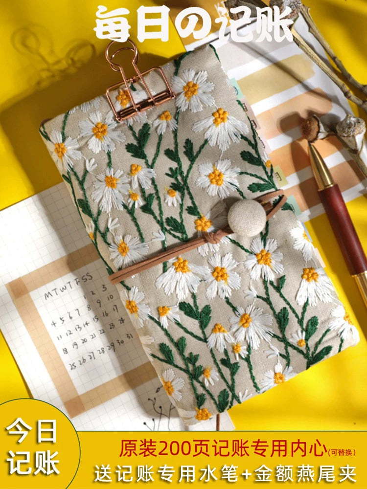 Embroidered Pocket Budget Planner & Expense Tracker Notebook with Pen and Binder Clip - Japanese Style Daily Financial Journal