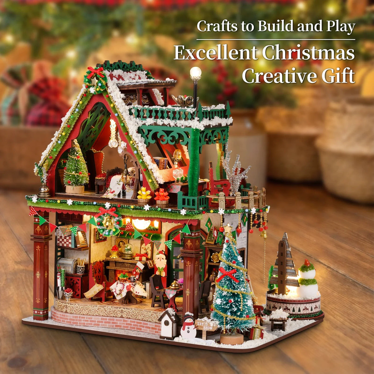 Winter Christmas Cabin Dollhouse Kit | DIY Wooden with LED