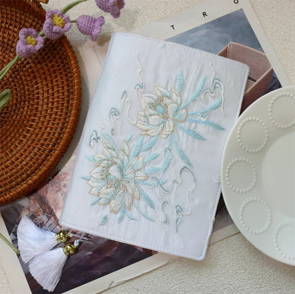 Handmade Embroidered Book Cover & Journal Set, Vintage Fabric Notebook Sleeve A5 A6 Diary