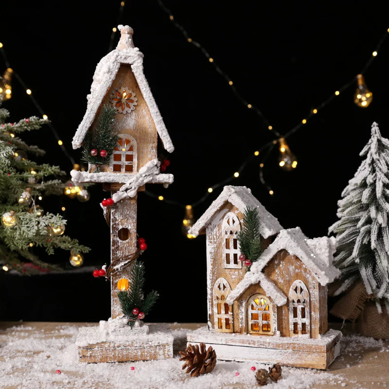 Nordic Vintage Wooden Christmas House with Warm LED Light - Rustic Snow Cabin Holiday Tabletop Decor & Gift