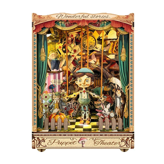 Pinocchio Puppet Theater DIY Book Nook Kit With LED Lights — detalied side view