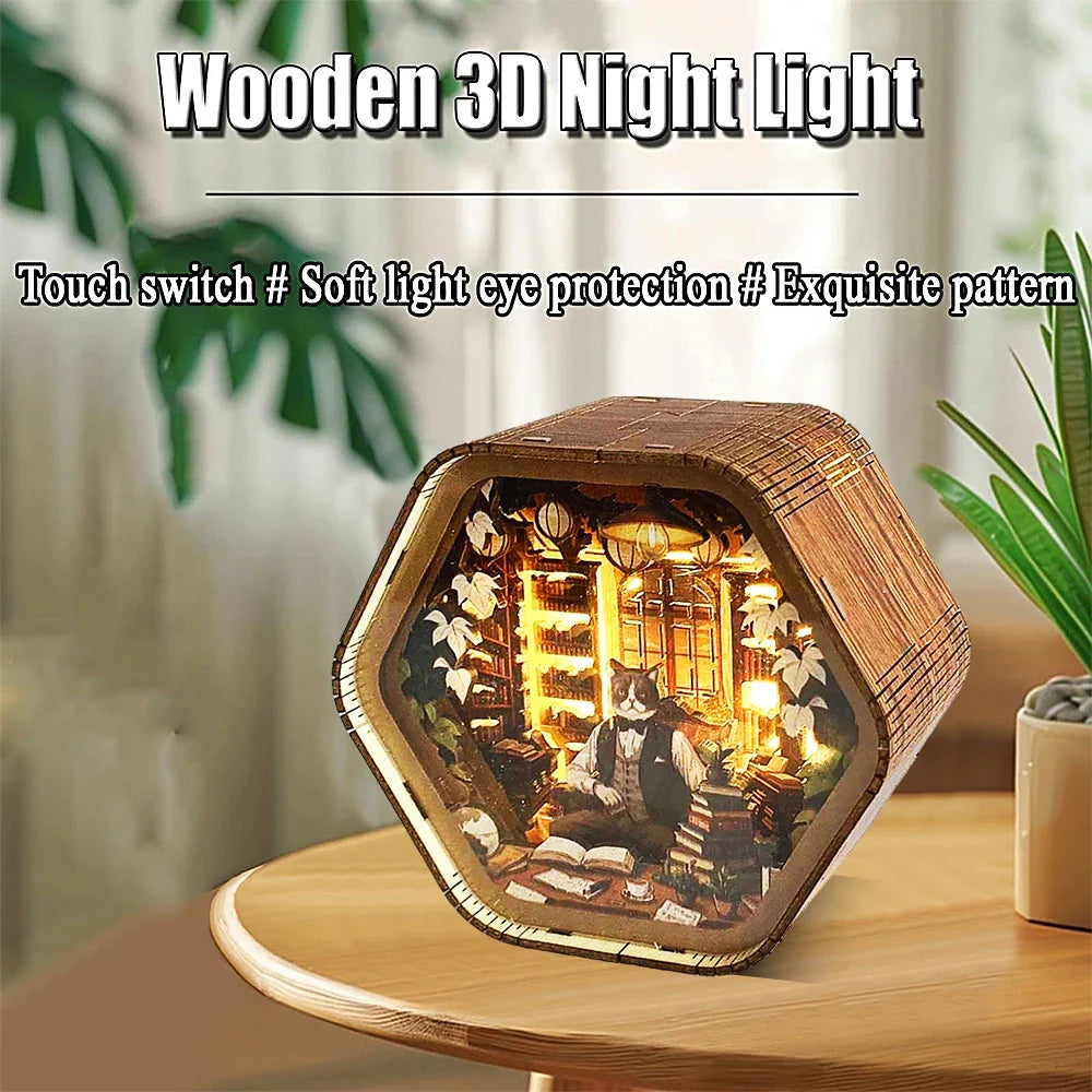 Professor Cat's Library DIY Wooden 3D Night Light Kit — main view
