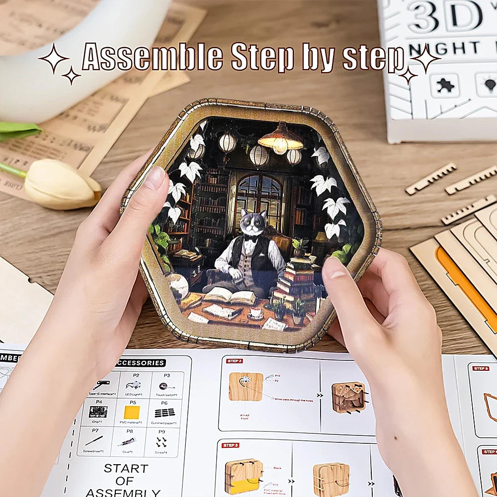 Professor Cat's Library DIY Wooden 3D Night Light Kit — box and pieces