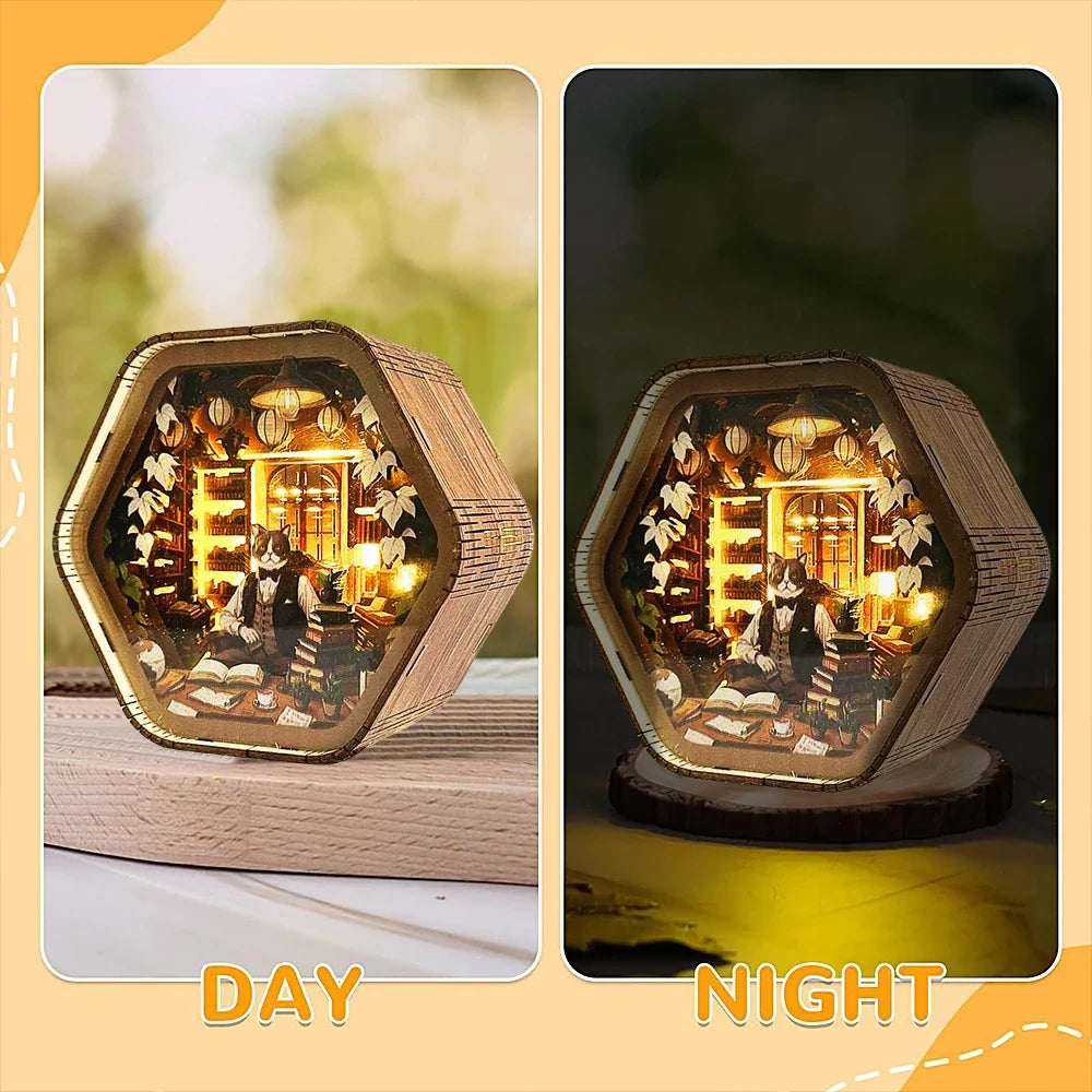 Professor Cat's Library DIY Wooden 3D Night Light Kit — main view
