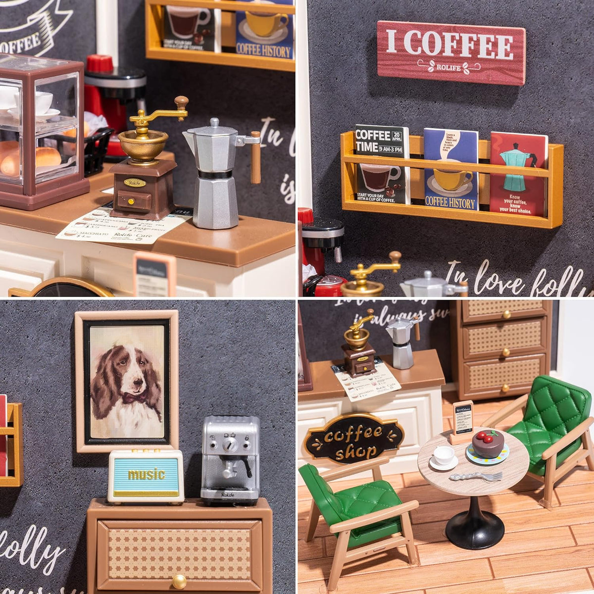 Robotime Daily Inspiration Cafe DIY Dollhouse Kit — box and pieces