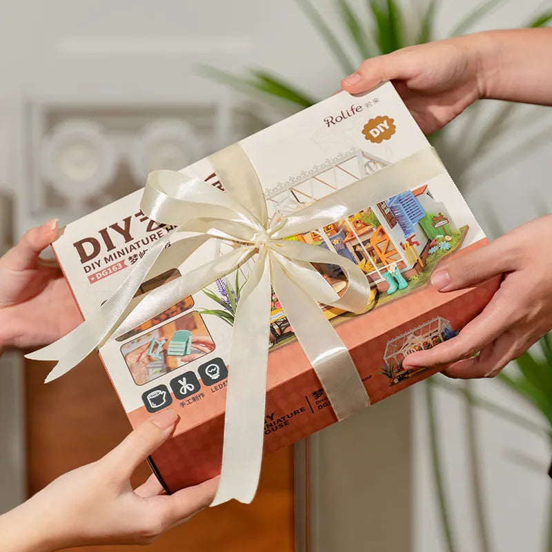 Robotime Dreamy Garden DIY Dollhouse Kit — open display view
