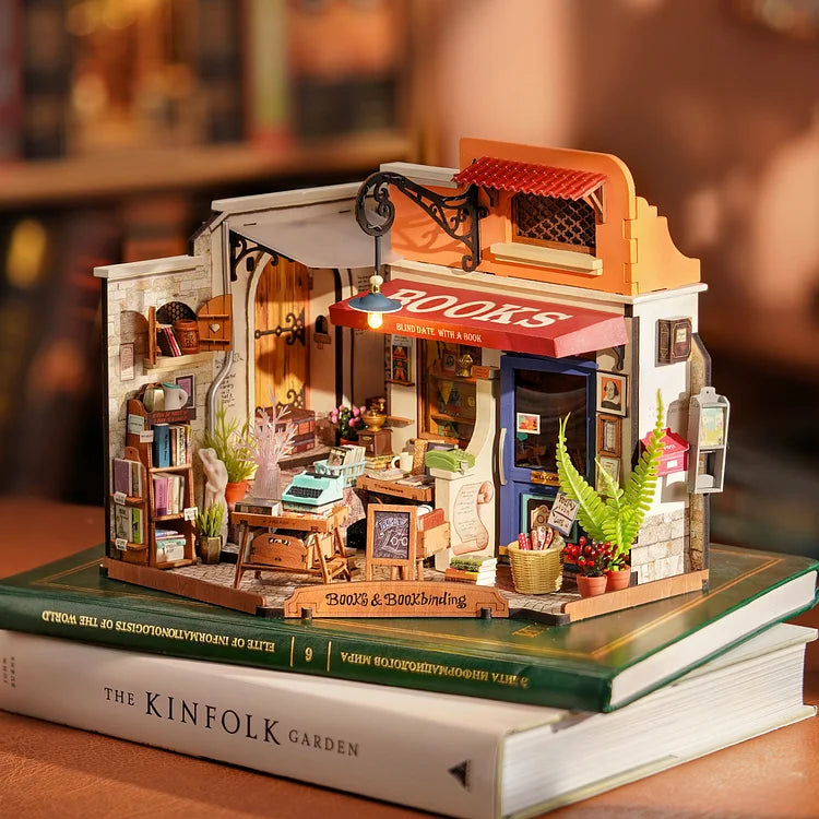 Robotime Rolife Corner Bookstore DIY Dollhouse Kit — open display view