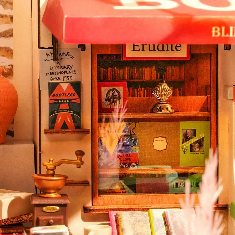 Robotime Rolife Corner Bookstore DIY Dollhouse Kit — front angle