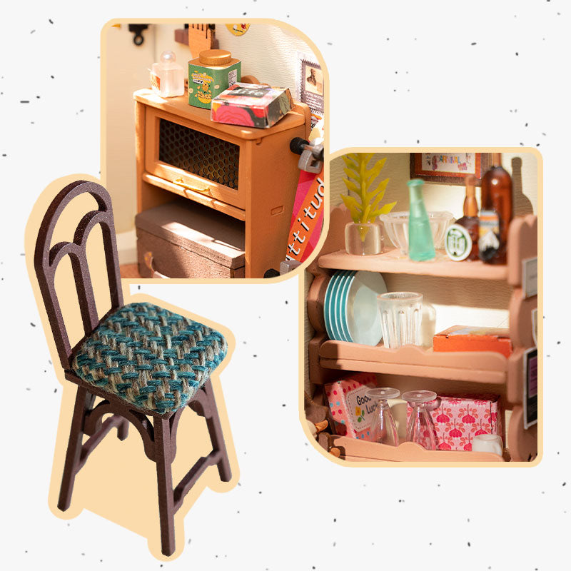 Robotime Rolife Cozy Kitchen DIY Dollhouse Kit — box and pieces