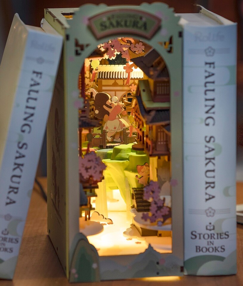 Robotime Rolife Falling Sakura DIY Book Nook Kit — open display view