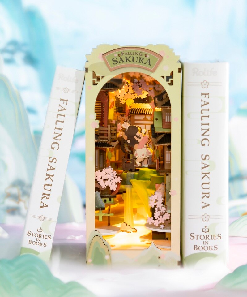 Robotime Rolife Falling Sakura DIY Book Nook Kit — angled close-up