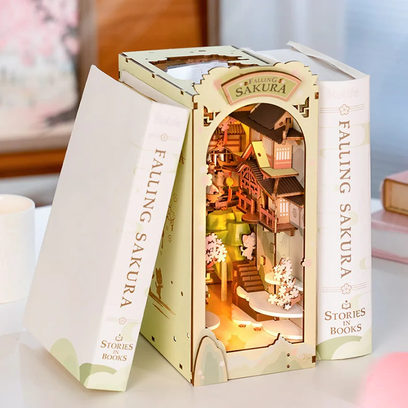 Robotime Rolife Falling Sakura DIY Book Nook Kit — front angle