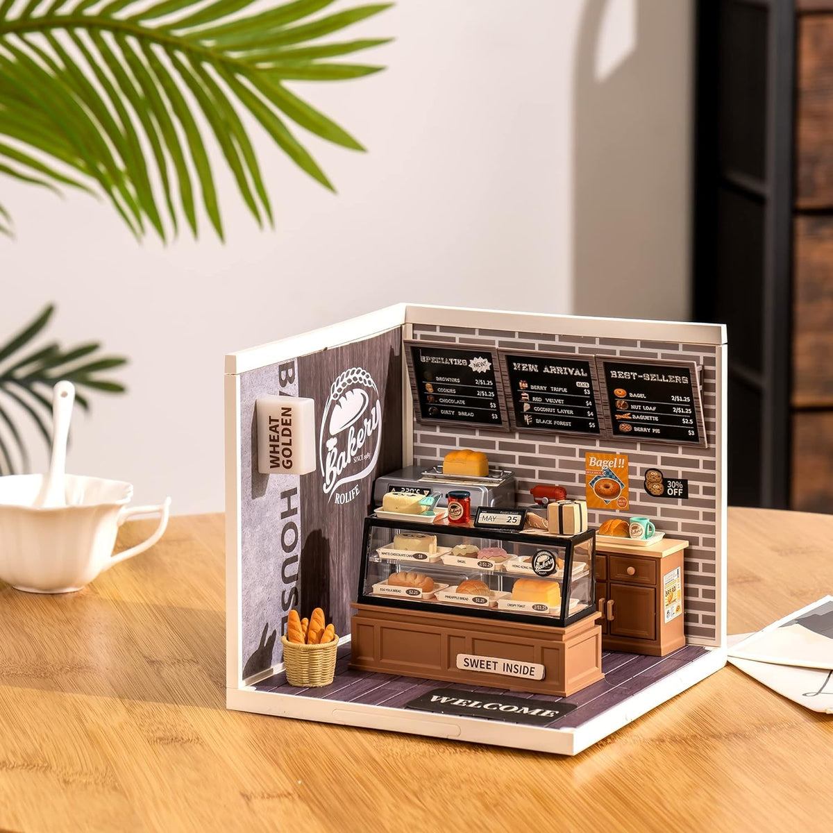 Robotime Rolife Golden Wheat Bakery DIY Dollhouse Kit — detalied side view