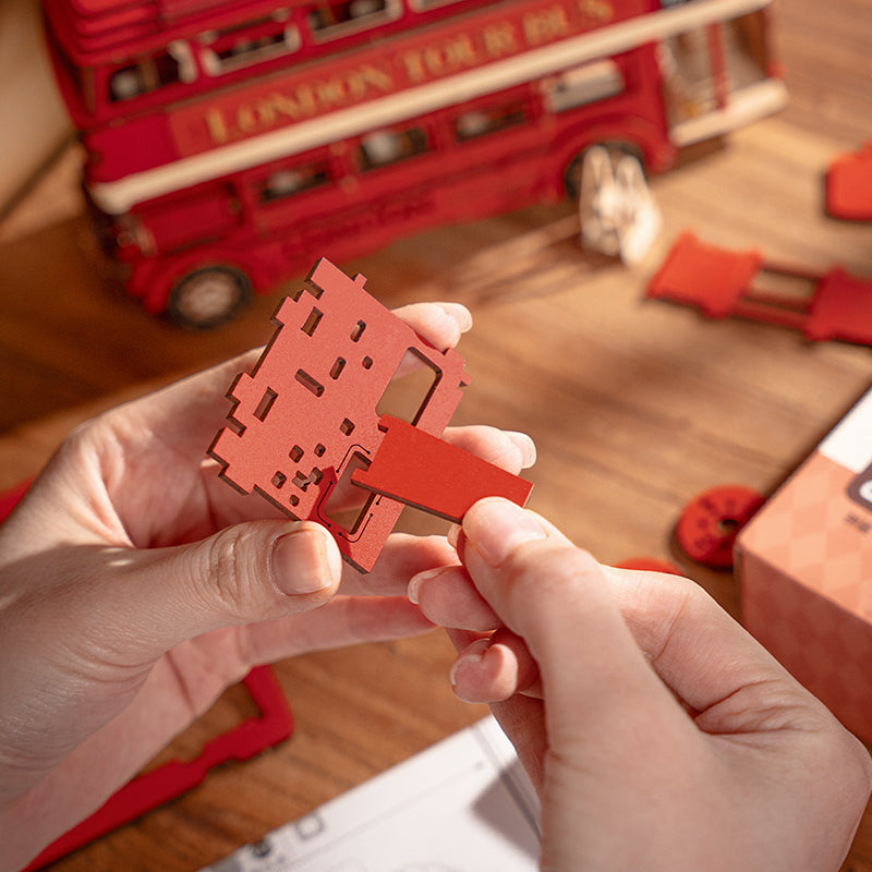 Robotime Rolife London Tour Bus DIY Miniature Kit — open display view
