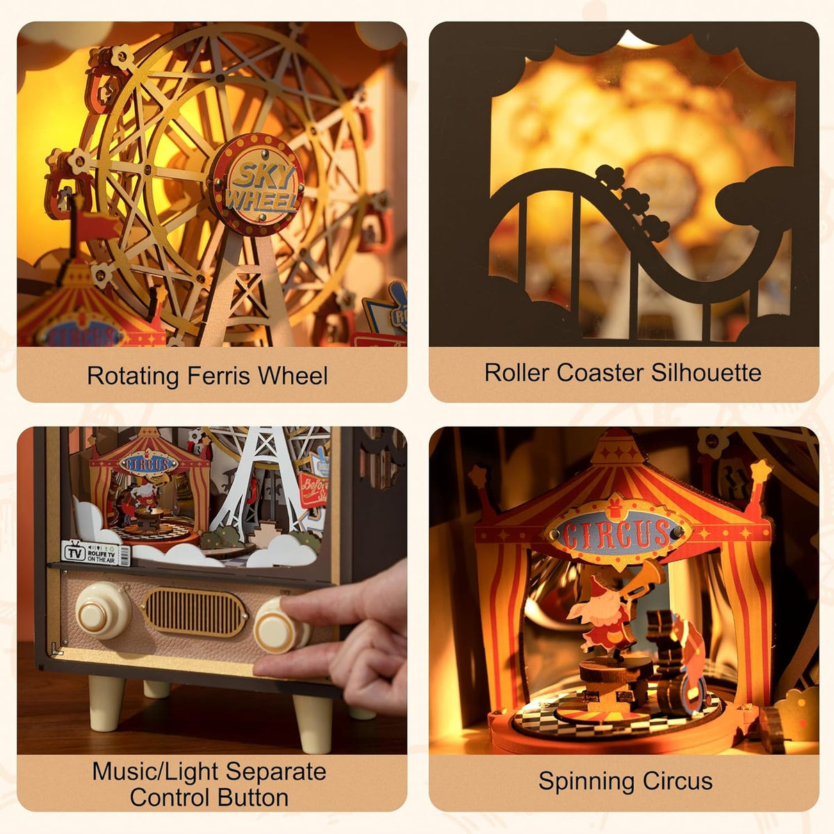 Robotime Rolife Sunset Carnival Music Box Kit — angled close-up