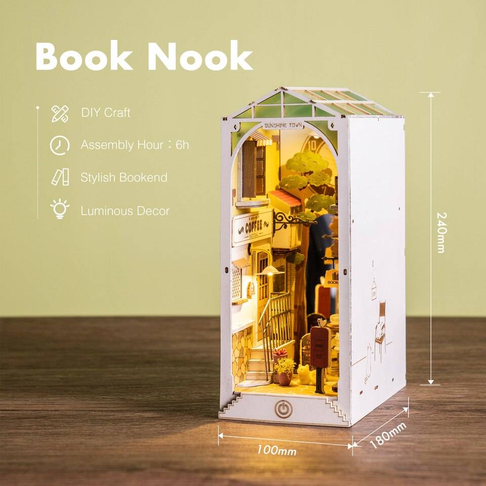 Robotime Rolife Sunshine Town Book Nook Kit — angled close-up