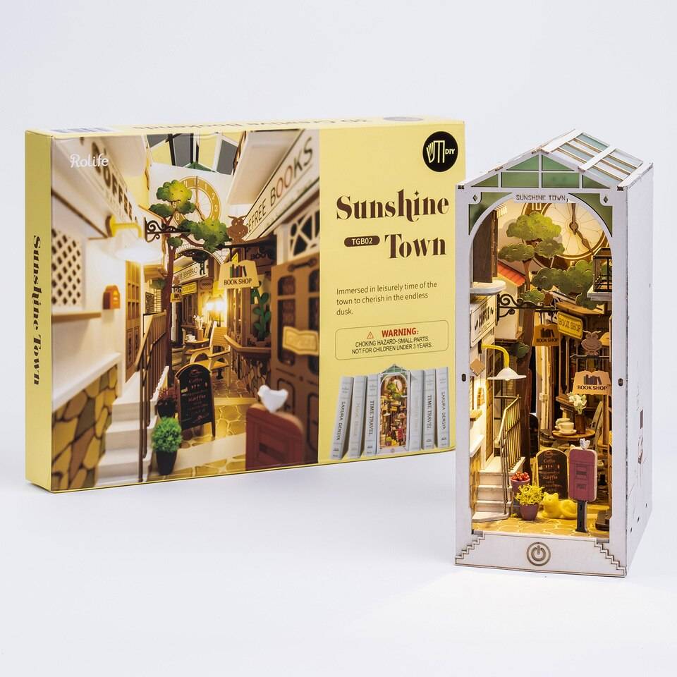 Robotime Rolife Sunshine Town Book Nook Kit — box and pieces