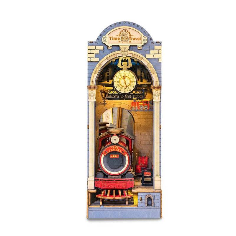 Robotime Rolife Time Travel DIY Book Nook Kit — angled close-up