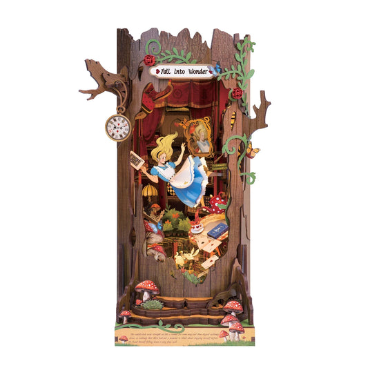 Rolife Alice In Fall Into Wonder Alice In Wonderland Inspired Book Nook Kit — detalied side view
