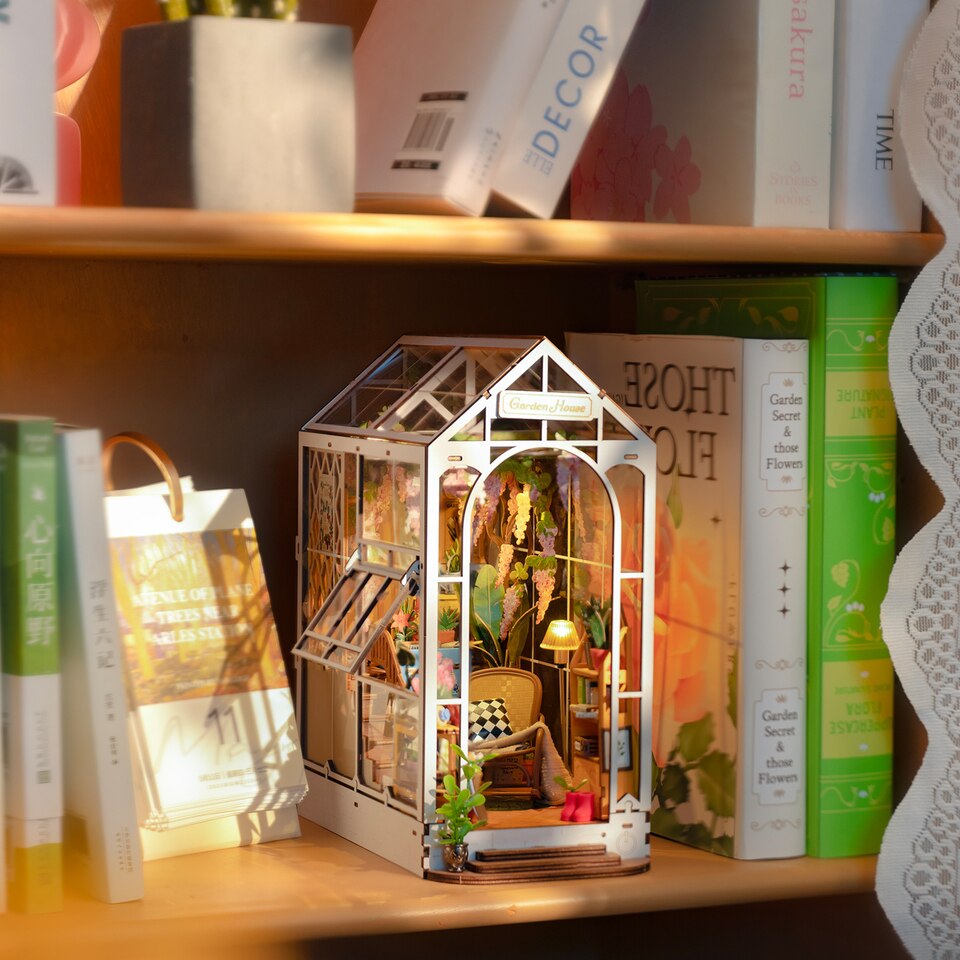 Robotime Rolife Garden House DIY Book Nook Kit — angled close-up