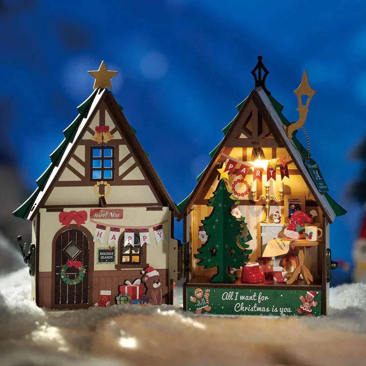 Rolife Twinkling Christmas House DIY Miniature Dollhouse Kit — angled close-up