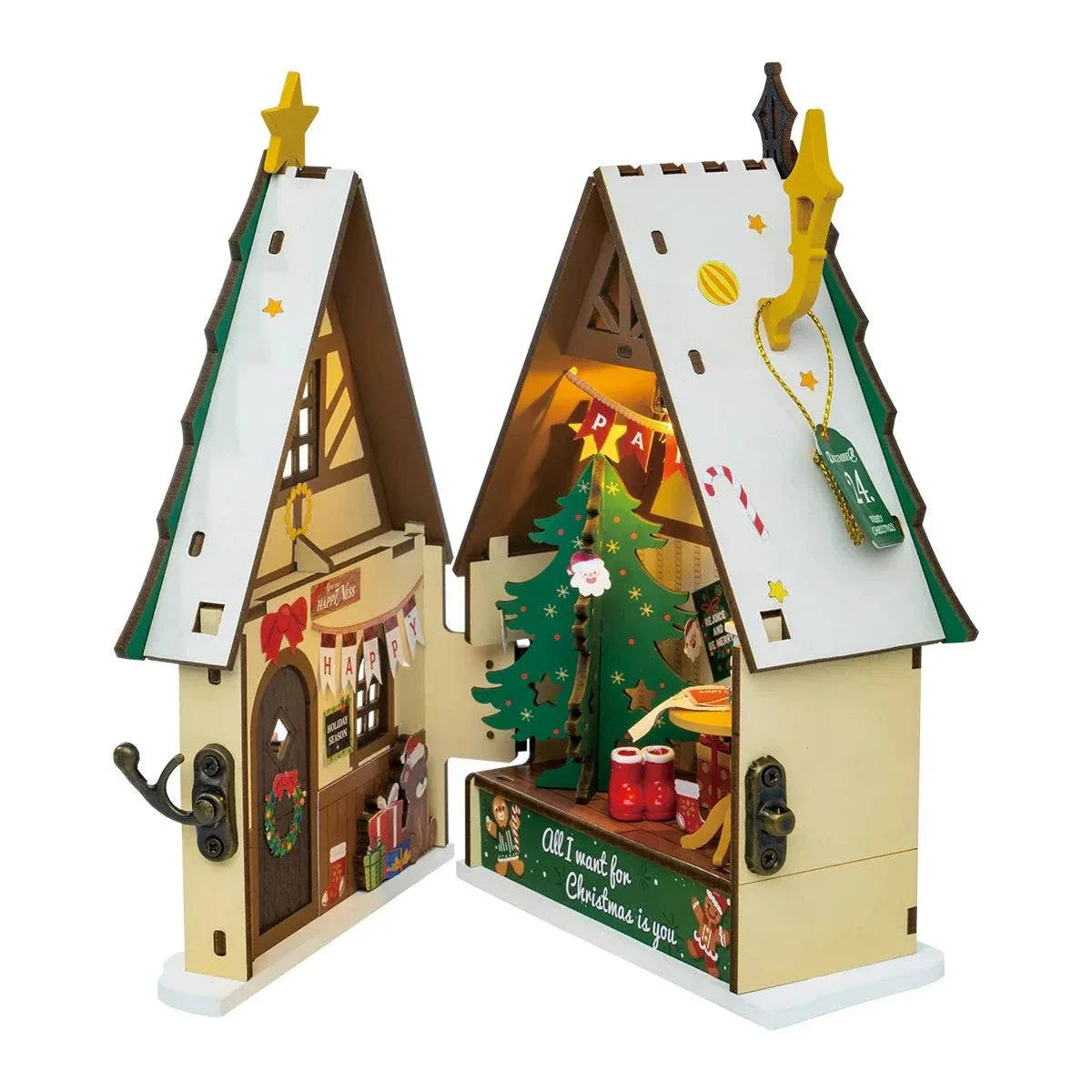 Rolife Twinkling Christmas House DIY Miniature Dollhouse Kit — front angle