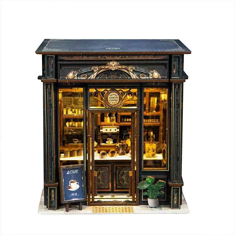 Coffee Shop DIY Miniature House Kit — box and pieces