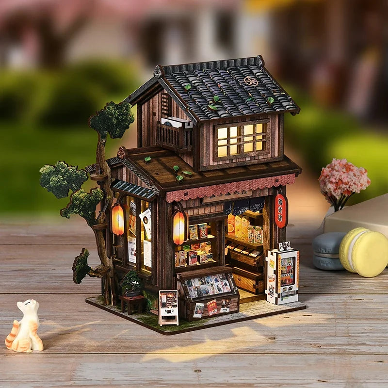Kasuga Grocery Store DIY Miniature House Kit with LED Lights — front angle