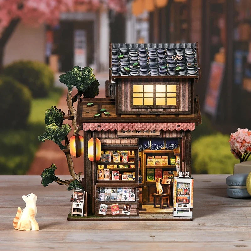 Kasuga Grocery Store DIY Miniature House Kit with LED Lights — open display view