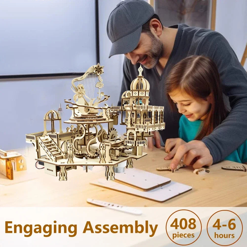 Mystery Island Music Box 3D Wooden Puzzle Kit with Light — open display view