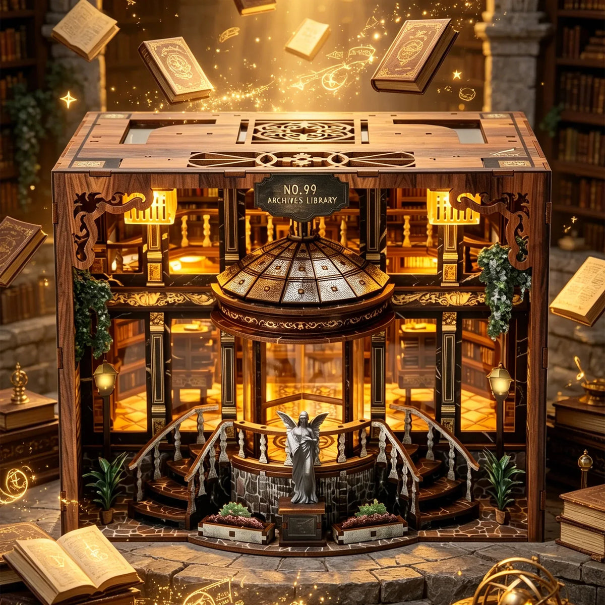 No.99 Archive Library DIY Book Nook Kit with LED Light — open display view