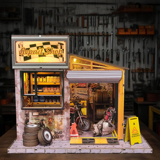 Motorcycle Repair Shop DIY Miniature House Kit — detalied side view