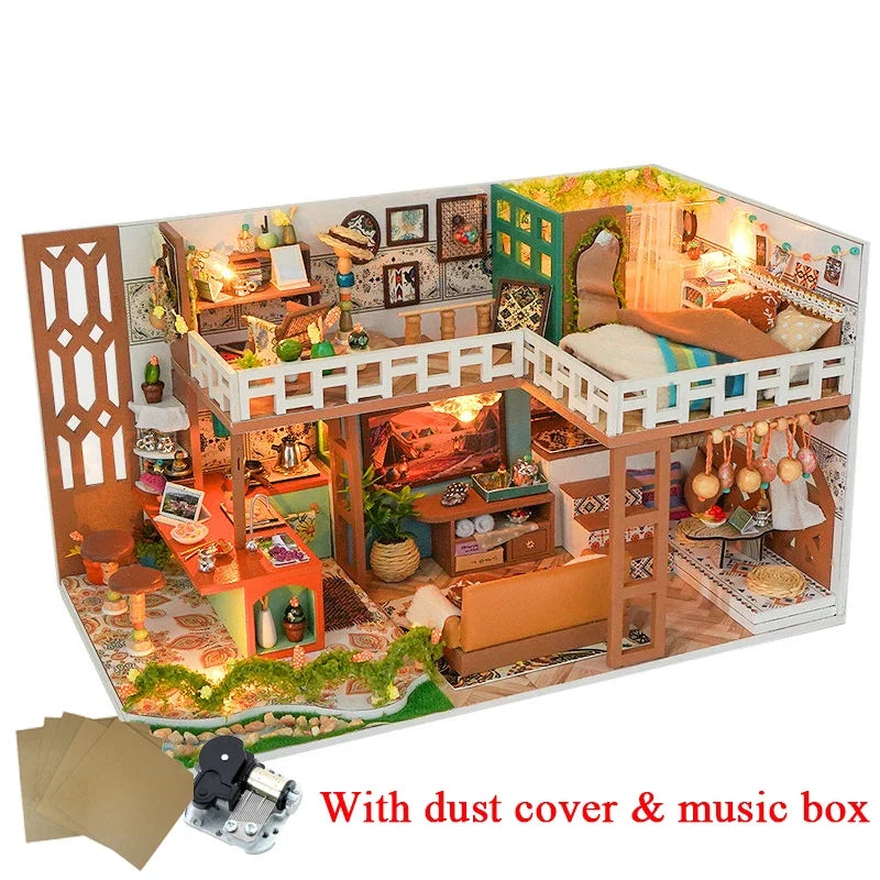 Bohemian Loft DIY Miniature House Kit — box and pieces