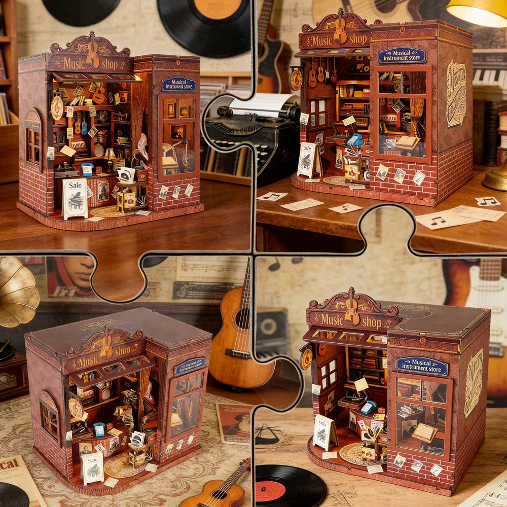Vintage Musical Instrument Store DIY Book Nook Kit — scene view