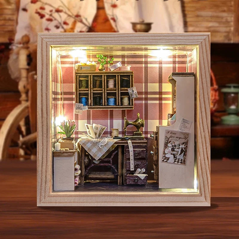 Sewing Shop DIY Miniature House Kit — angled close-up