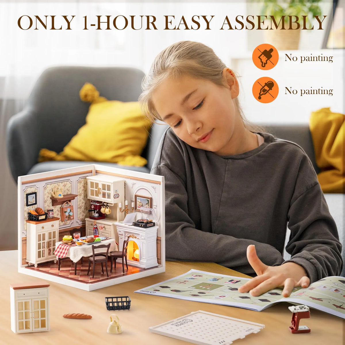 Robotime Warm Dining Room DIY Miniature House Kit — angled close-up